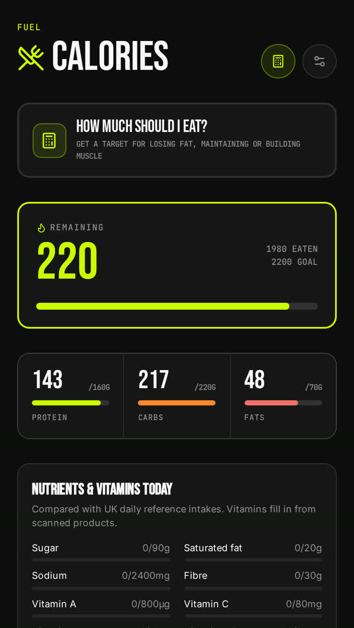 VORTEX nutrition screen showing calories left for the day with protein, carbohydrate and fat targets and micronutrient totals.