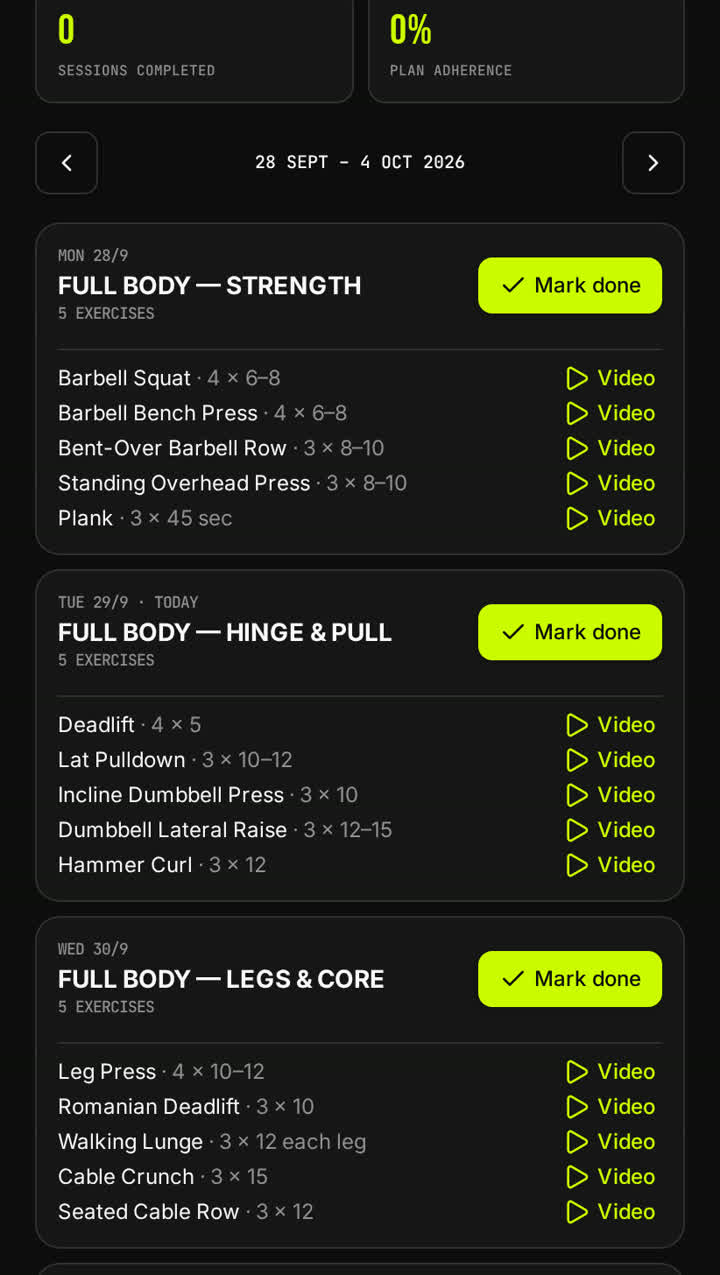 VORTEX plan builder calendar with a training day for each date, the exercises in it and a video button beside each one.