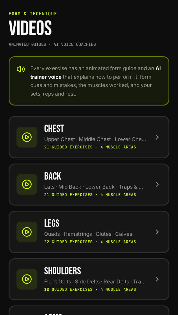 VORTEX guided exercise list for each body part, showing how many coached videos are in every group.