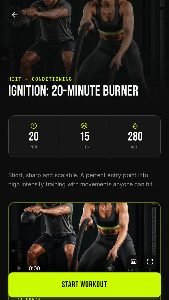 A VORTEX high intensity workout page with a coach video, session length, set count, estimated calories and step-by-step instructions.