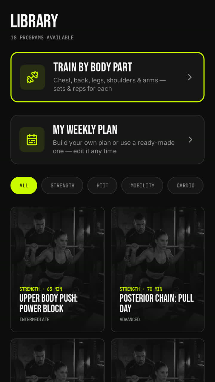 VORTEX workout library screen showing workout cards with length, level and type for push, pull and arm sessions.